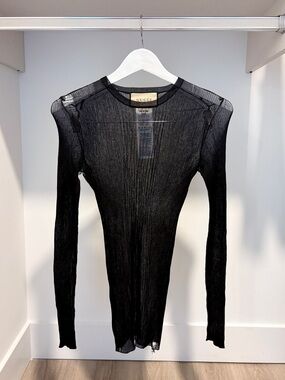 Gucci Sheer Black Long Sleeve Ribbed Top 100% Silk